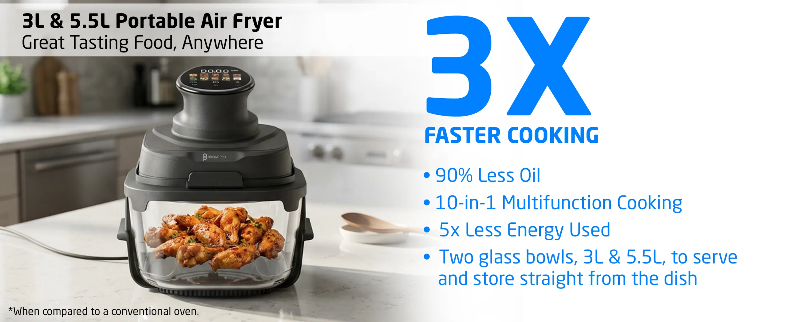 Bridge Pro Portable Air Fryer 3L & 5.5L Air Fryer - 2x Glass Containers - Image 9